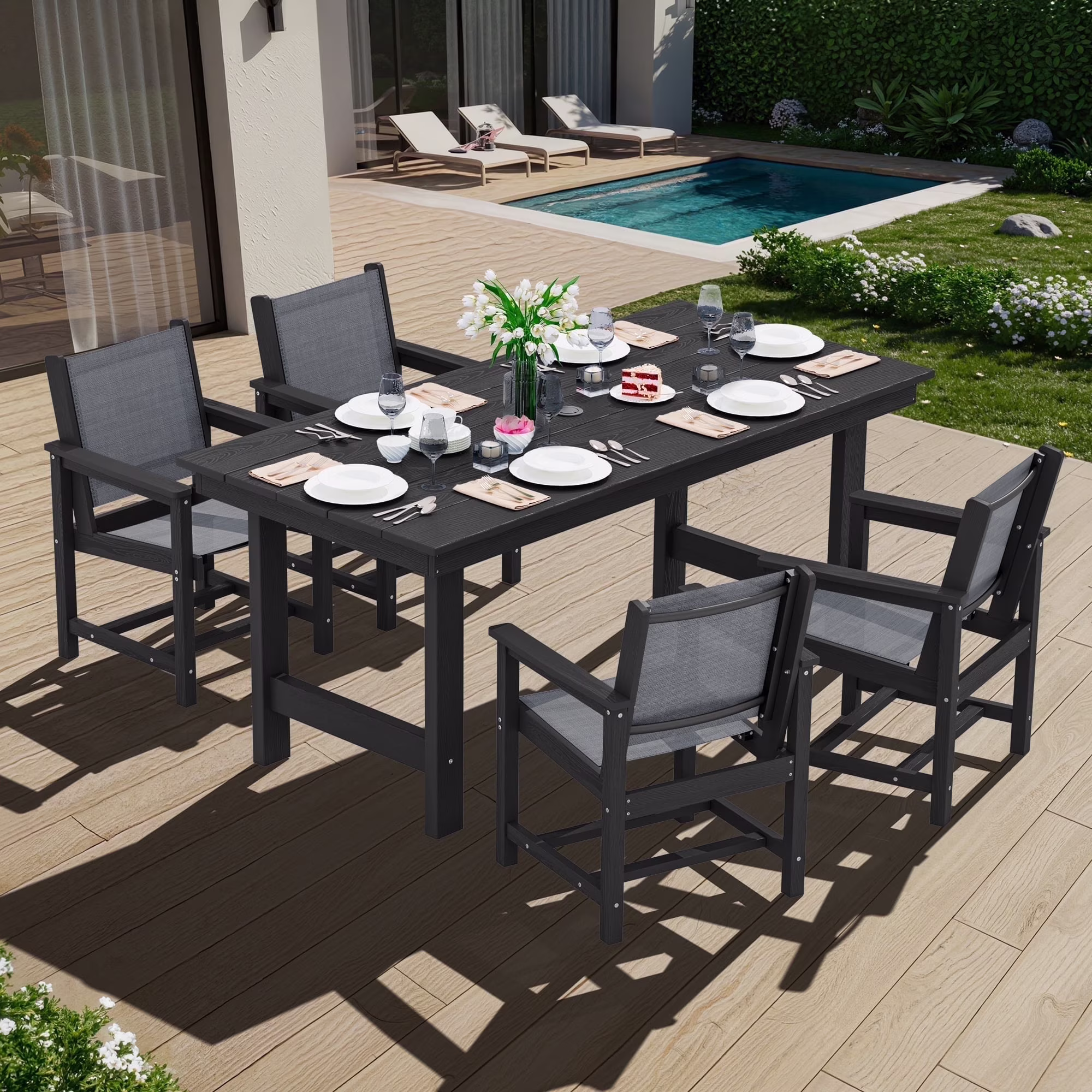 SERWALL Outdoor HDPE Dining Table Set, 7-Piece Outdoor Dining Table Sets with Umbrella Hole, Grey - Image 3