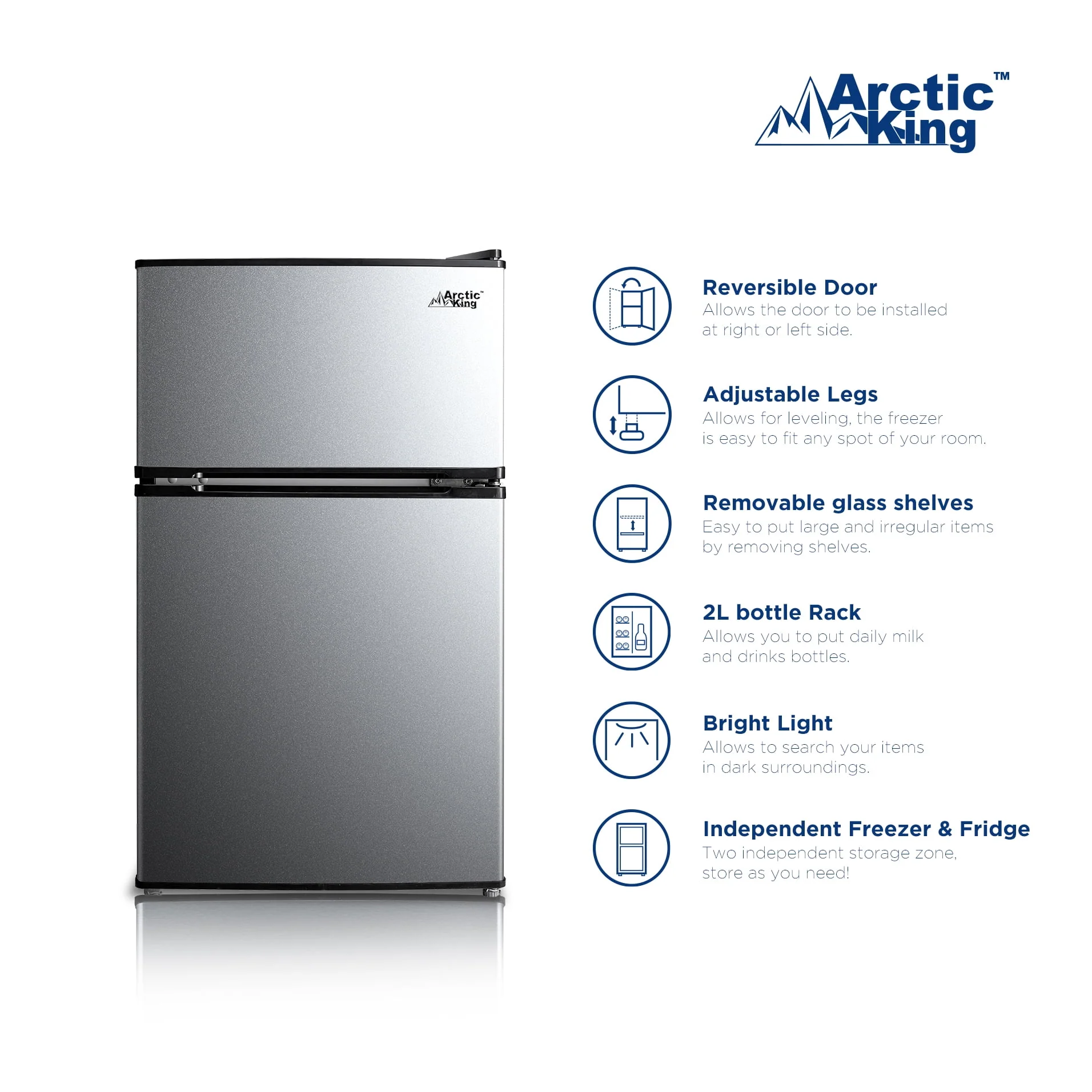 Arctic King 3.2 Cu ft Two Door Mini Fridge with Freezer, Stainless Steel, E-Star, ARM32D5ASL - Image 9