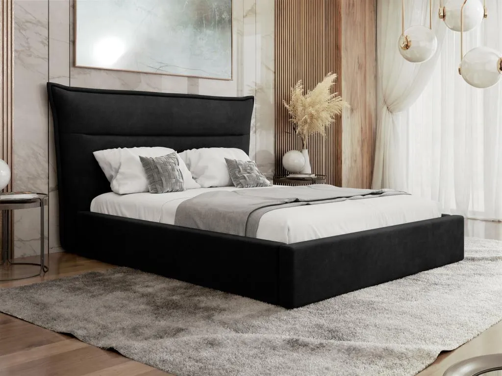 Cama Nidovia 400 doble, tapizada en negro, 140x200 cm, somieres incluidos, medidas totales 190x224x122 cm. ajq3483088