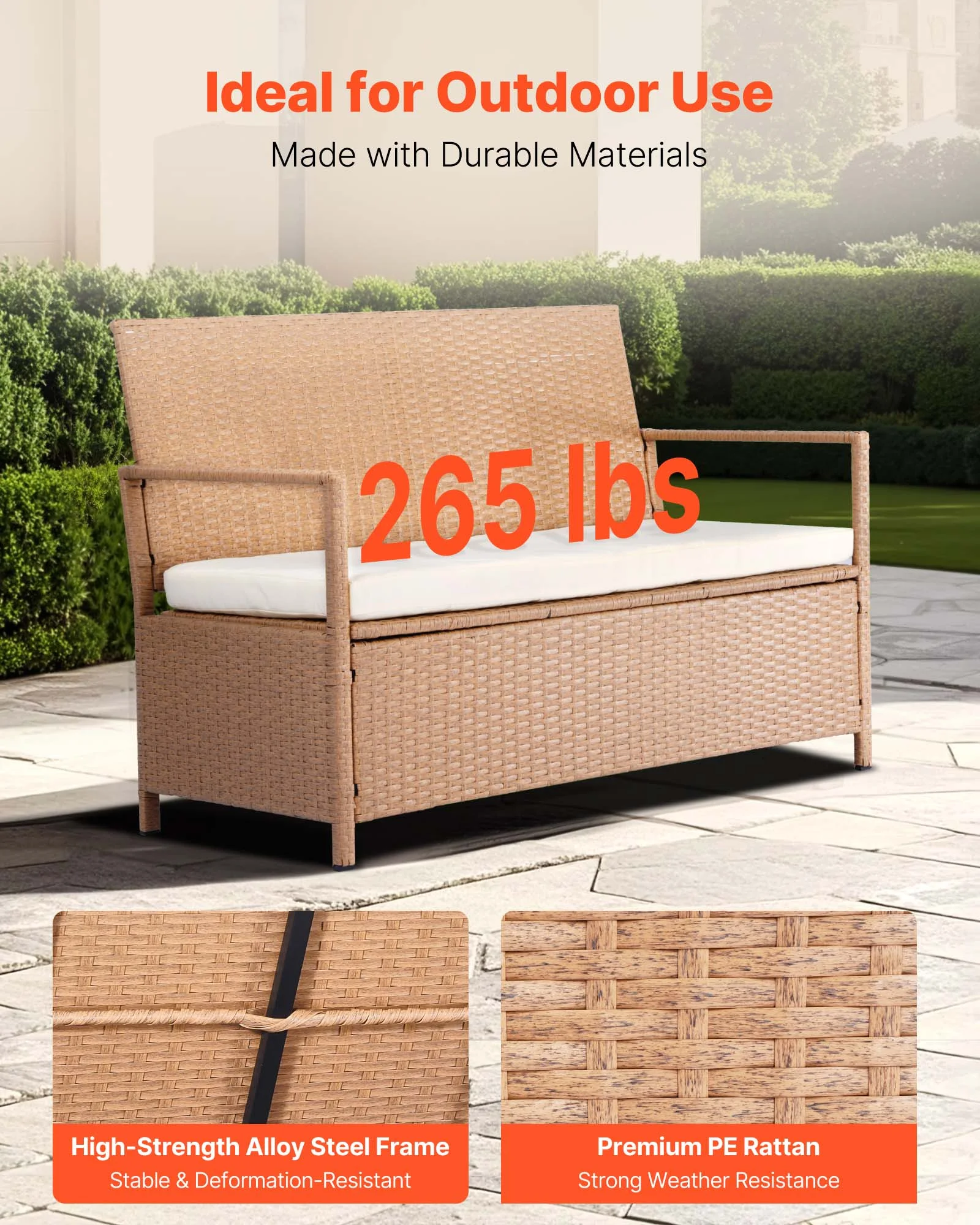 VEVOR Outdoor Storage Bench, 2-Person PE Rattan Storage Bench, 70 Gal Deck Box with Cushion, Supports up to 265 lbs, Weatherproof Outdoor Seating & Porch Decor for Patio Garden Balcony Yard - Image 3