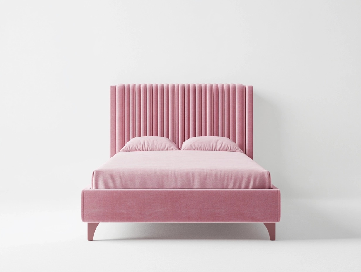 Cama tapizada rosa con cabecero alto acanalado