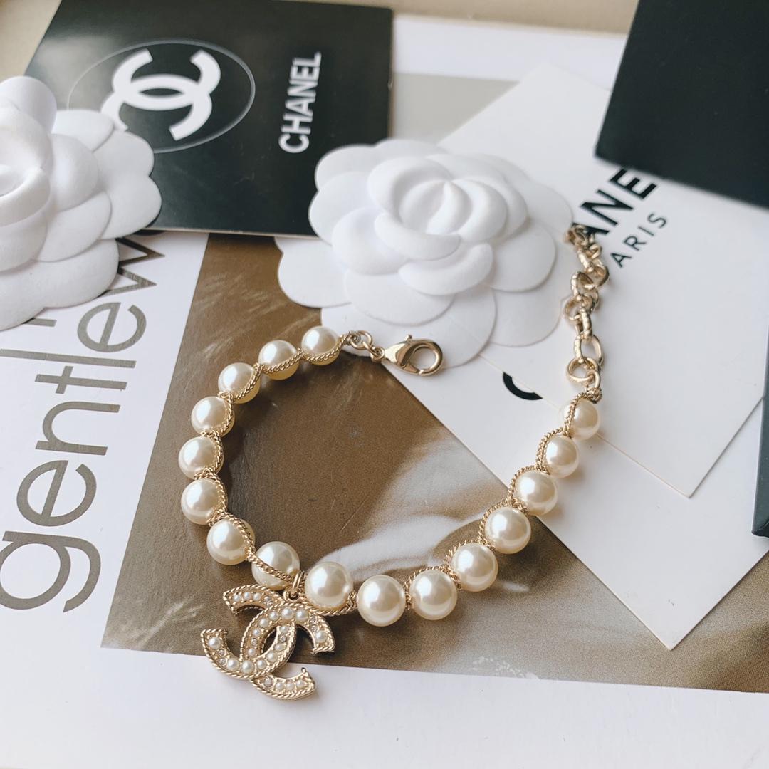 Chanel Light Gold Chain Wrap Pearl Bracelet with CC Charm - Original Replica Club