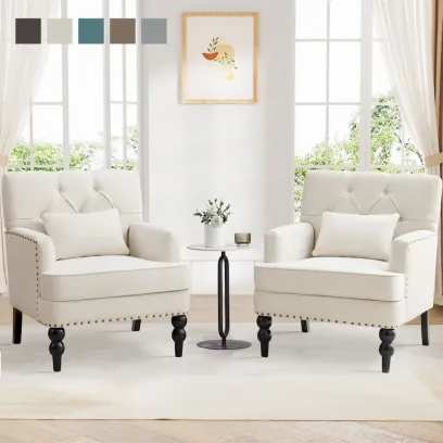 Set of 2 Arm Chair Upholstered Button Tufted Accent Chair with Lumbar Pillow Beige/ Grey/ Light Blue