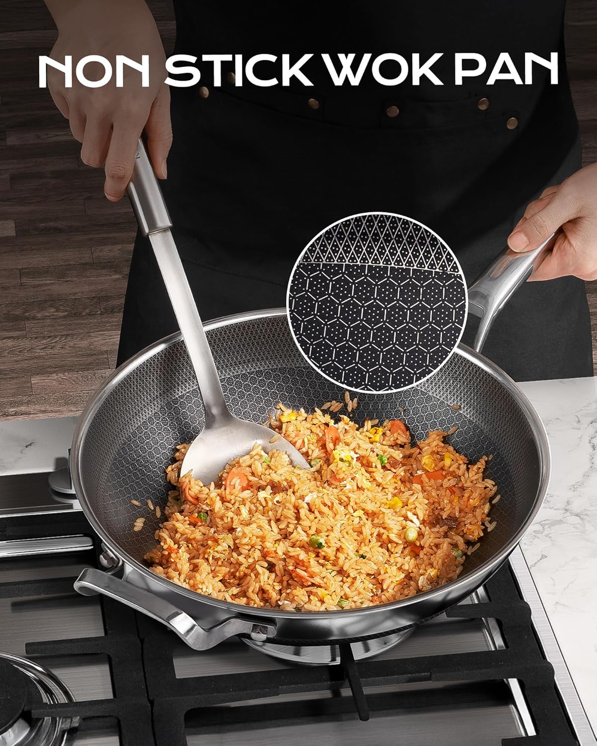 FGJ Wok pan,12 inch Hybrid Wok with Lid,PFOA Free Cookware,Non Stick Stainless Steel Woks & Stir-fry pans Nonstick, Dishwasher and Oven Safe, Works on Induction