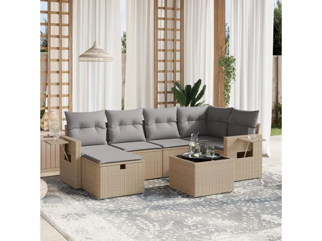 Juego de sofás jardín con cojines beige mezcla 7 pzas ratán PE 45547EOAM