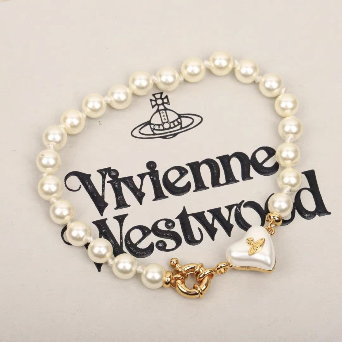 Vivienne Westwood Heart Charm Anchor Clasp Pearl Bracelet - Original Replica Club