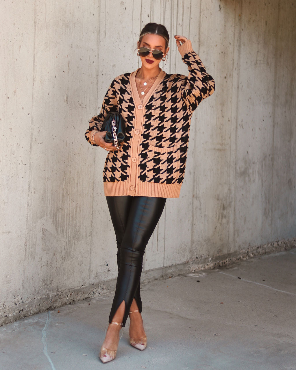 Parisian City Dreams Pocketed Houndstooth Cardigan - Se7enfashion