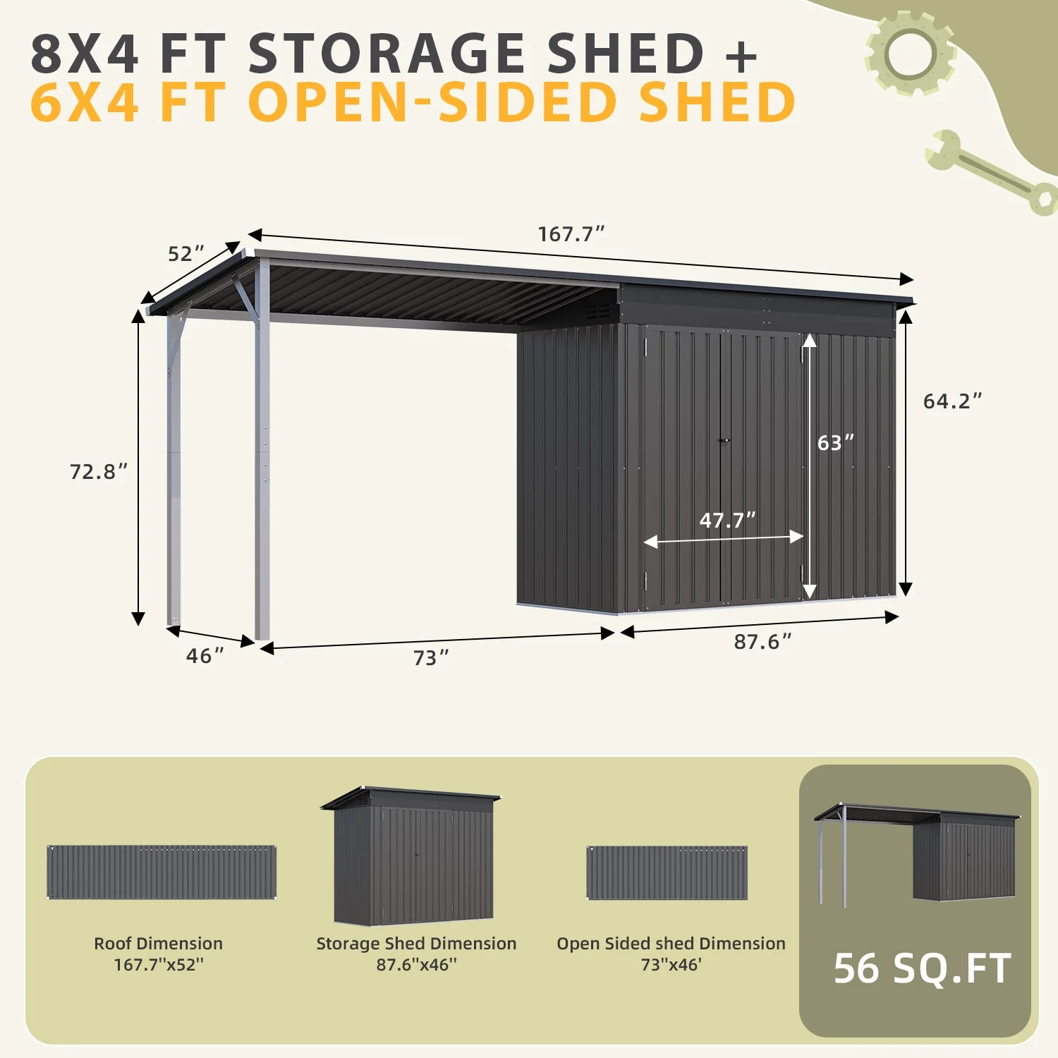 YODOLLA Outdoor Open-Sided Storage Shed, 3x5 Sheds & Outdoor Storage with 15 Sq. Ft Covered, 5x3 Small 2-in-1 Tool Shed with Attached Hardtop Metal Pergola Gazebo - Image 10