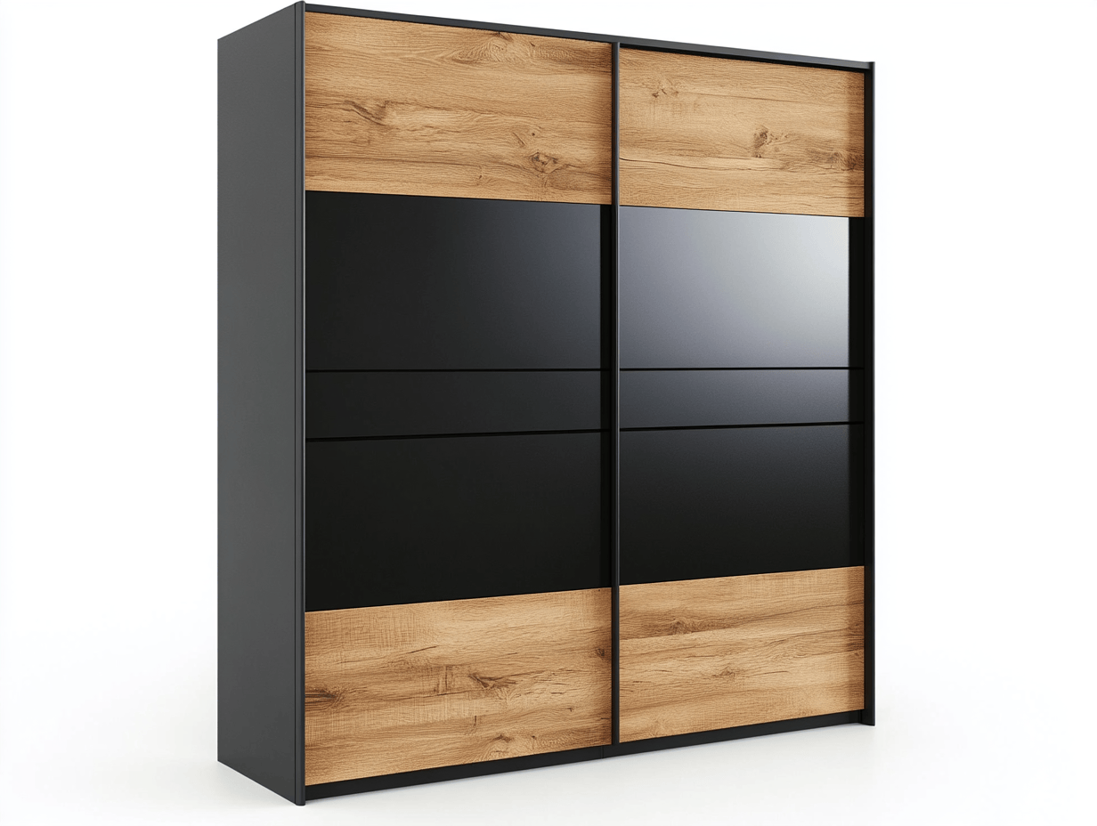 Armario con puertas correderas estilo roble claro y negro mate sin espejo, 180x210x62cm
