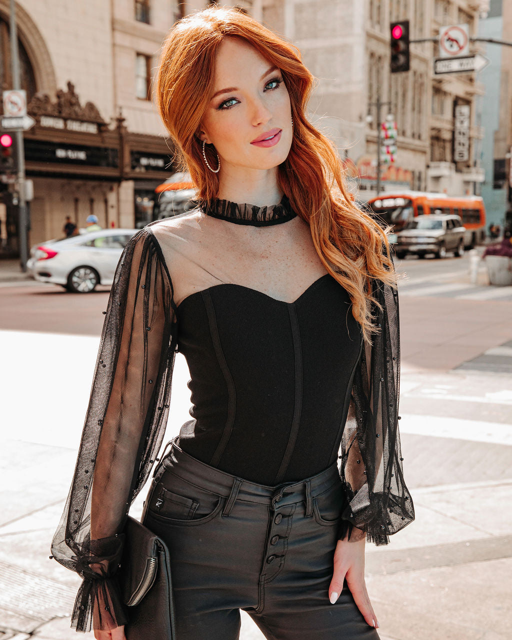 Lynette Sheer Mesh Pearl Embellished Top - Black - Se7enfashion