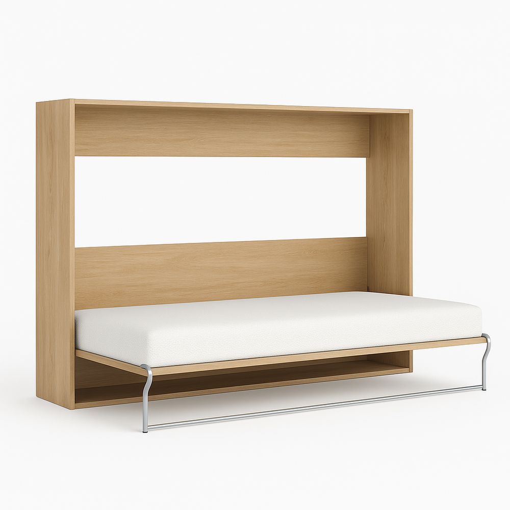 Sofá cama moderno con estante, estructura de madera, tapizado en tela blanca, diseño minimalista, ideal para espacios pequeños