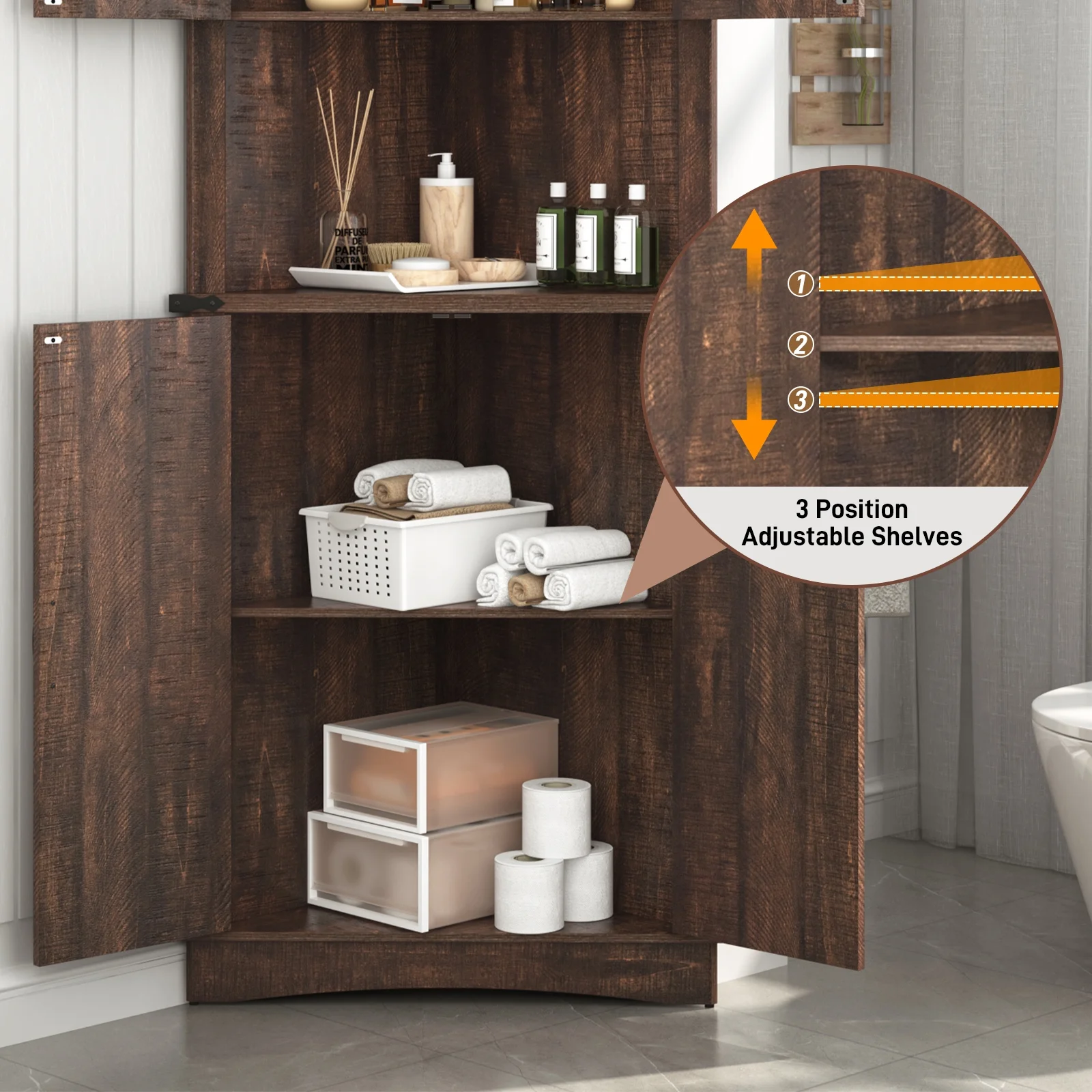 Blotout 68" Tall Farmhouse Corner Cabinet with 4 Doors, 28.3" W Barn Door Storage Cabinet with Adjustable Shelves, 5 Tier Corner Storage Cabinet for Bathroom,Living Room,Kitchen - Image 19
