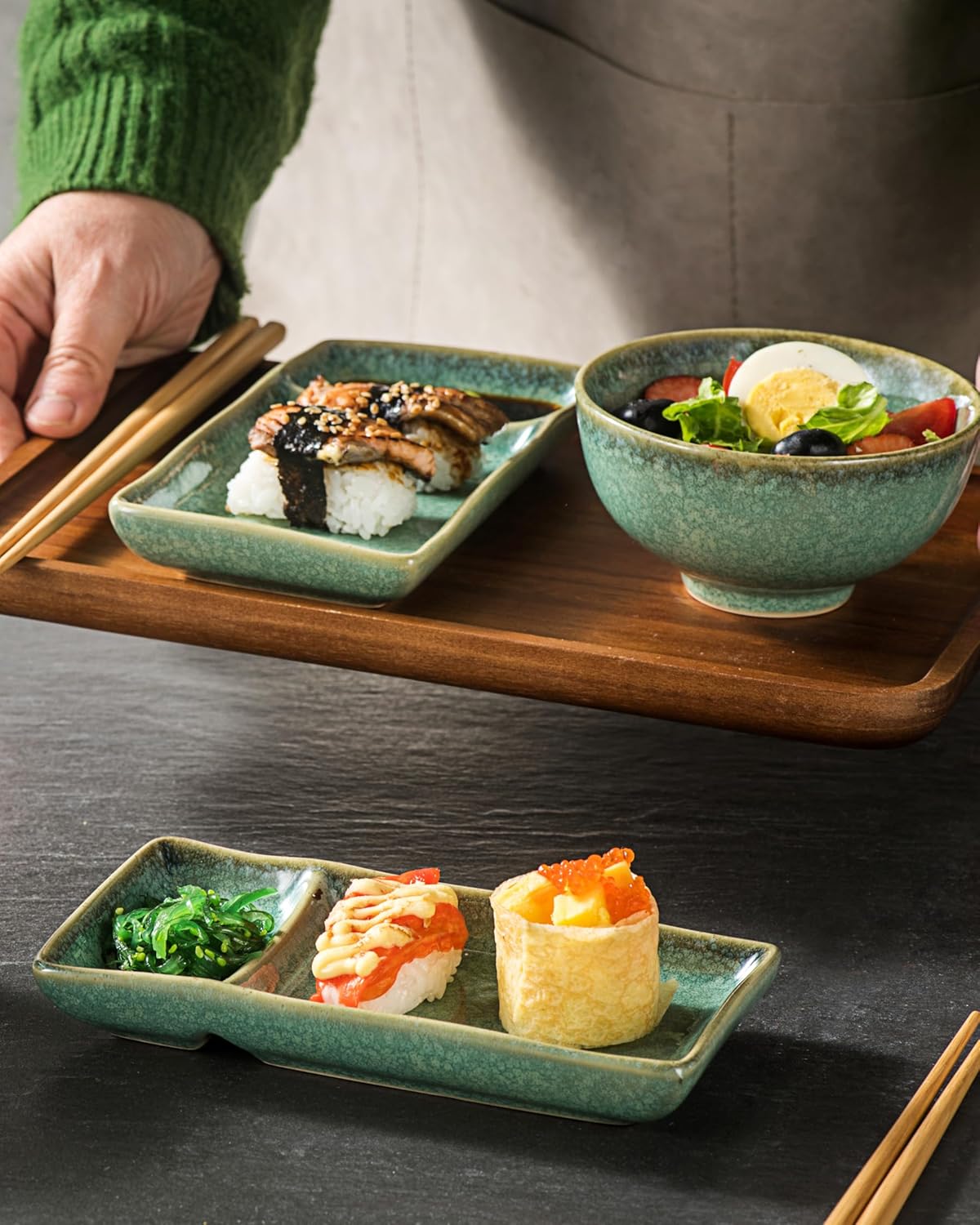 HENXFEN LEAD Ceramic Japanese Appetizer Sushi Plates and Bowls Set for 2 | 7