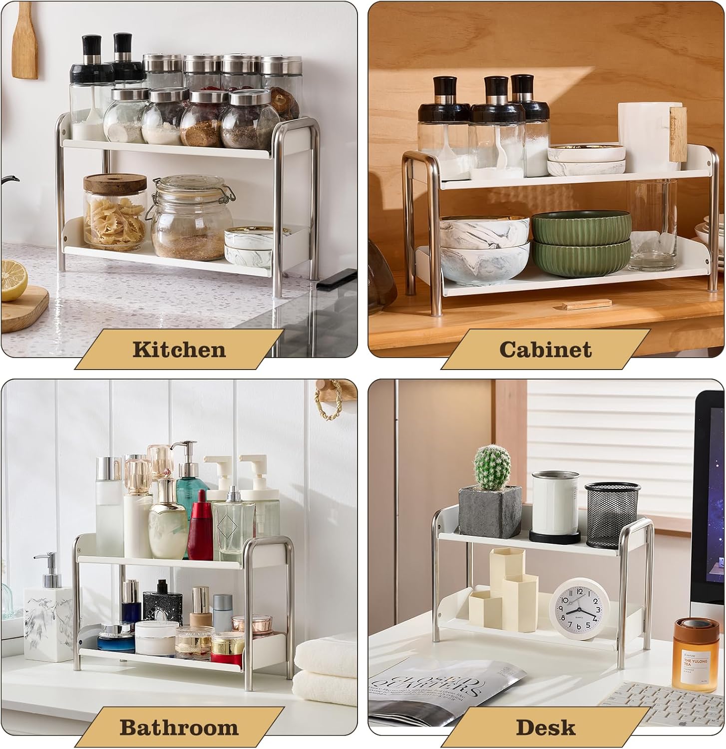 MOZIMABOX Cabinet Organizer Shelf, 2 Tier Kitchen Spice Rack Countertop Shelf Organizer, Stainless Steel Kitchen Storage Countertop Storage Shelf Container, (L, White)