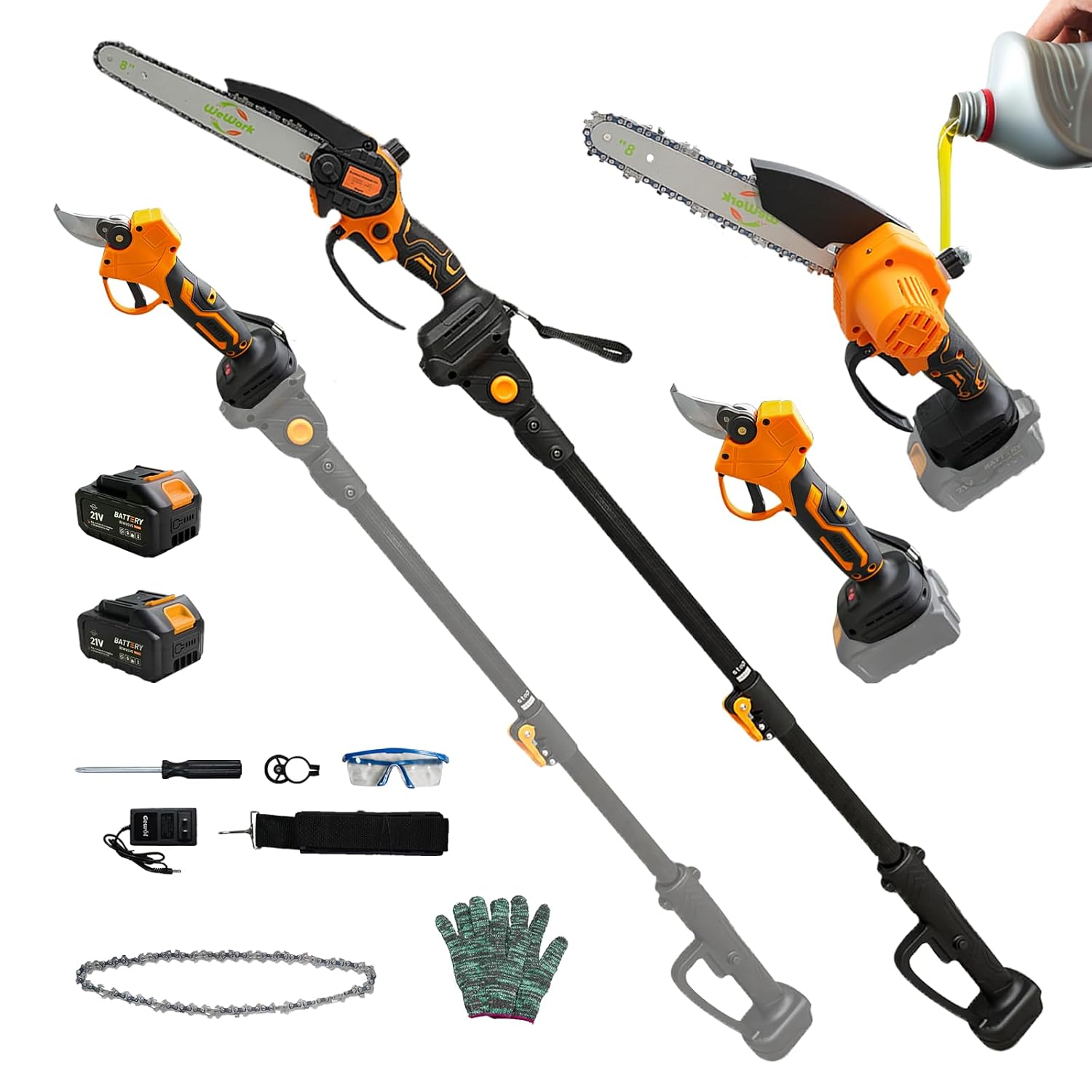 Brushless 4-IN-1 Cordless Pole Saw & Electric Mini Chainsaw with Extension Pole, 6 Inch Guide Bar, 14 FT Max Reach, 2 × 21V 2.0Ah Batteries, Branch Trimmer for Tree - image 2
