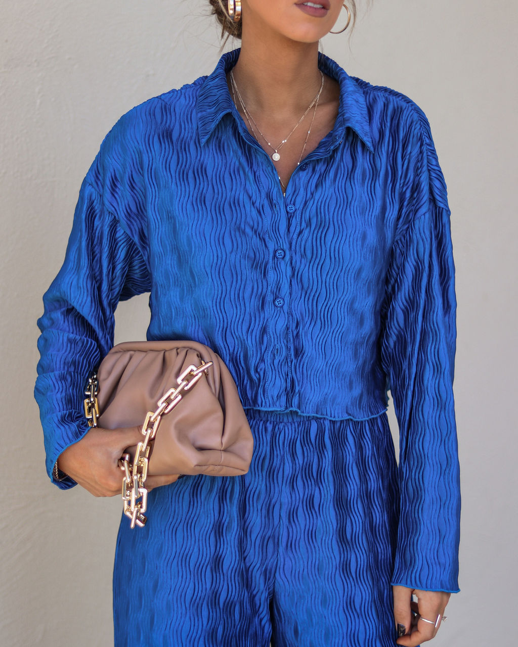 Show Off Girl Satin Crinkle Button Up Top - Blue - Se7enfashion
