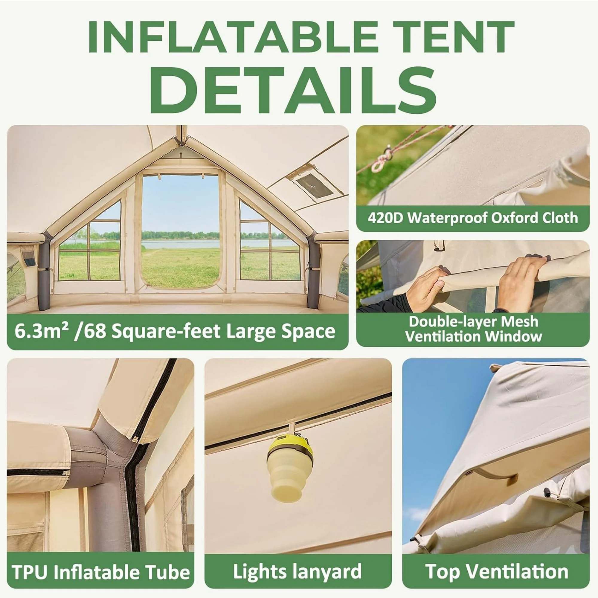 Lilypelle 4-6 Person Blow Up Inflatable Tent with Stove Jack, Hot Tent for Camping with Hand Pump, Waterproof Inflatable Camp Tent with Mesh Windows, Easy Setup Glamping Inflatable House - Image 6