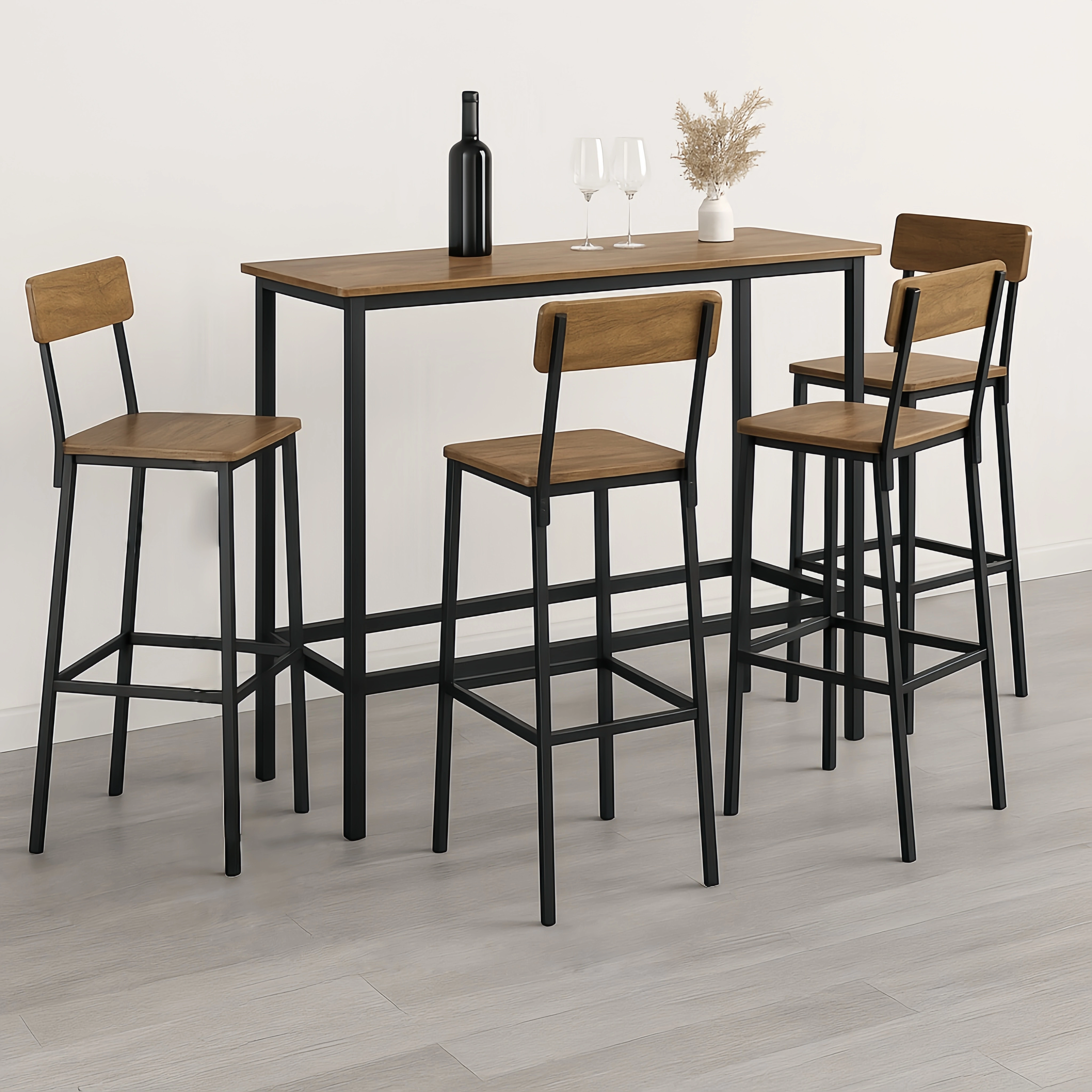 Conjunto de bar Conjunto mesa y taburetes Marrón/Negro Madera/Metal Interior