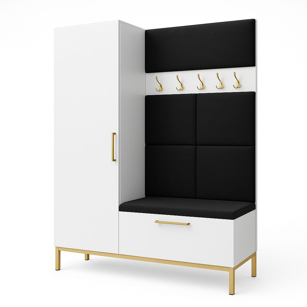 Mueble de entrada moderno con ganchos,asiento acolchado y armario blanco y negro