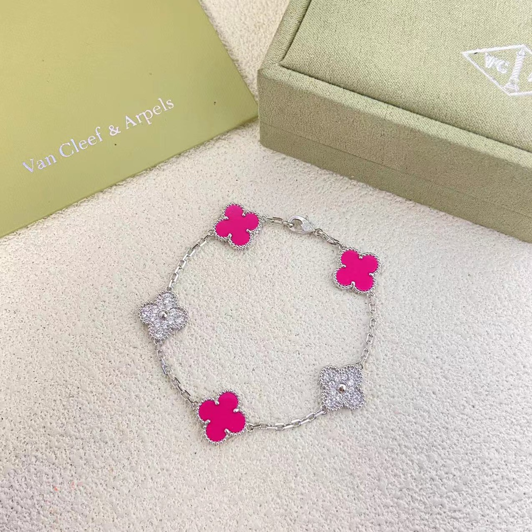 VCA Diamond and Rose Red Vintage Alhambra Bracelet 5 Motifs - Original Replica Club