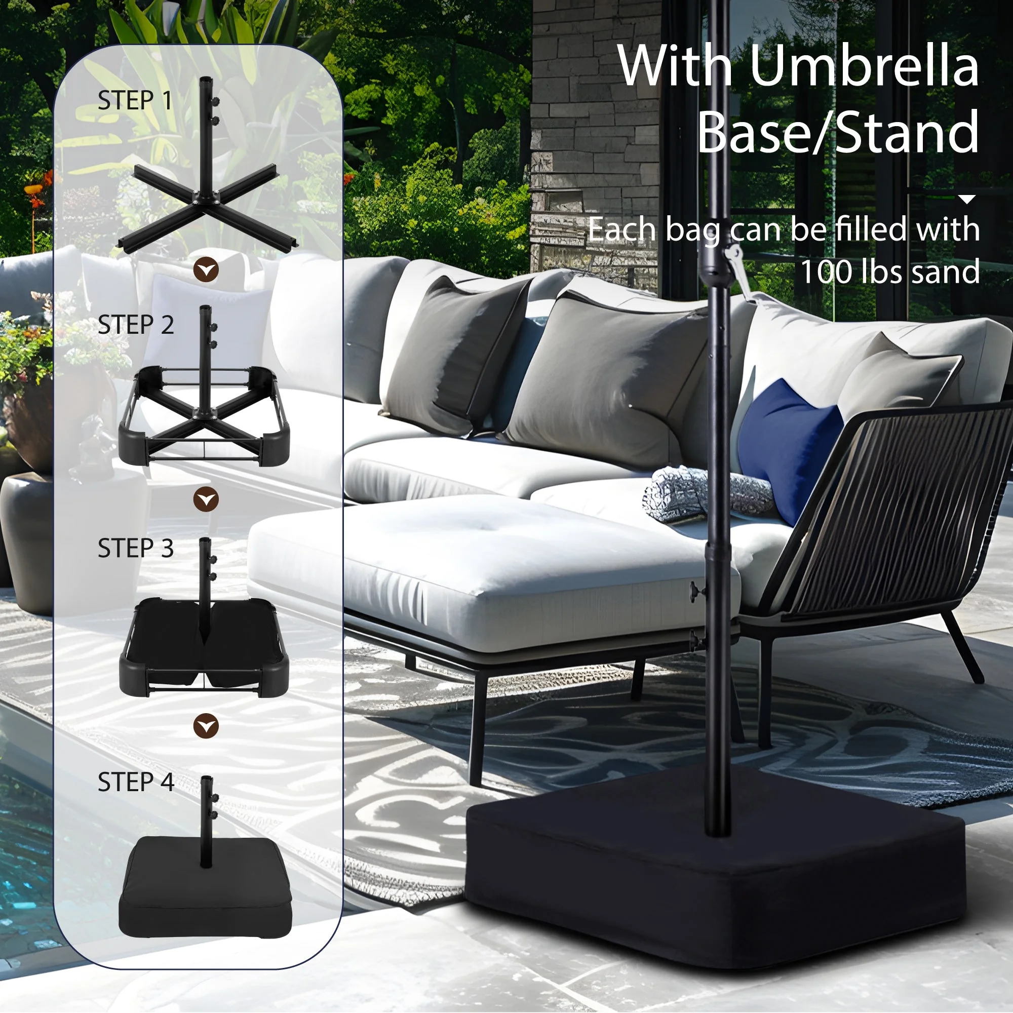 Alpha Joy 15ft Extra Large Outdoor Patio Double-Sided Umbrella with LED Solar Lights & Umbrella Base, Beige - Image 6