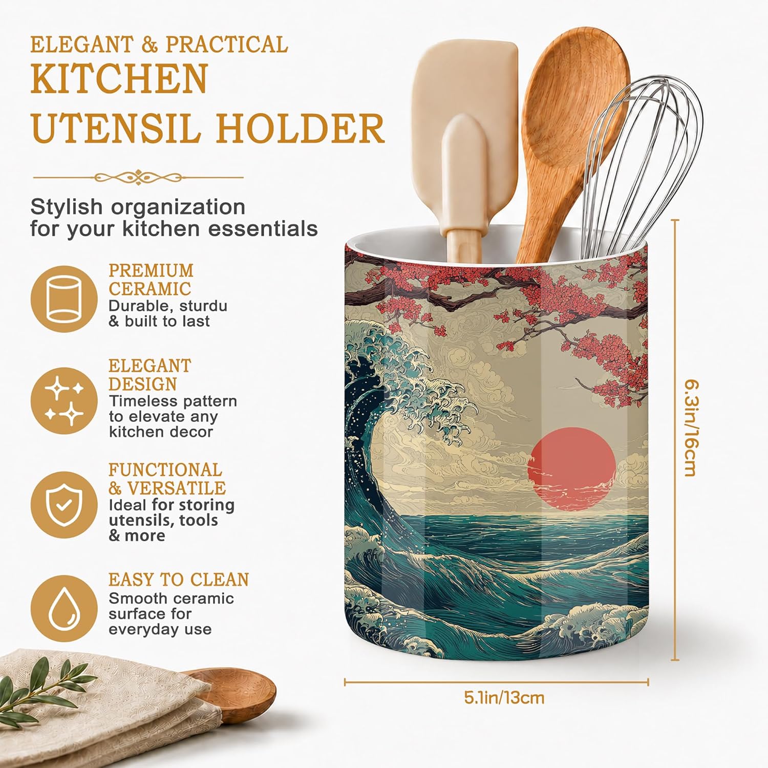 Japanese Waves Kitchen Utensil Holder,Sunrise Cherry Blossoms Ceramic Utensil Crock for Countertop,Cooking Tools Storage jar for Spatulas and Spoons,Housewarming Gifts 6.3