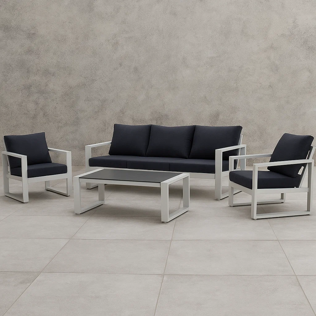 Muebles de salón para jardín con sofá, sillones y mesa blanco y gris de aluminio para exterior 202×76×73.6 cm - pknhp1vde2kn
