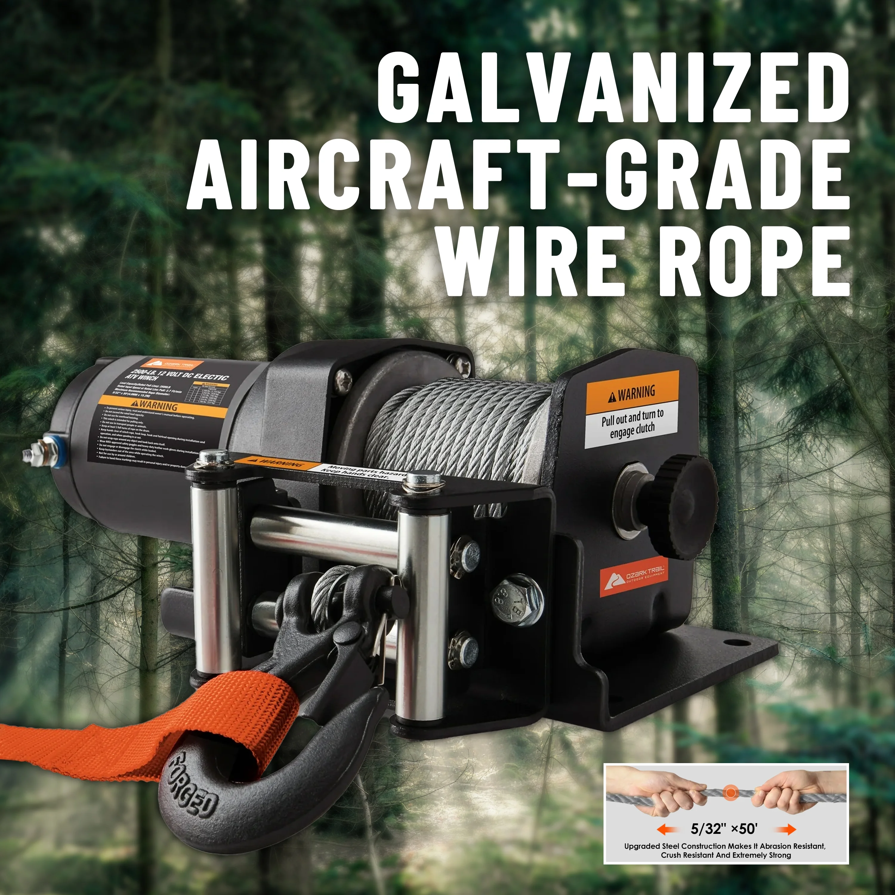 Ozark Trail 2500 lb 12V DC Electric ATV Winch with 50ft. Steel Rope Mounting Bracket, Black - Image 6