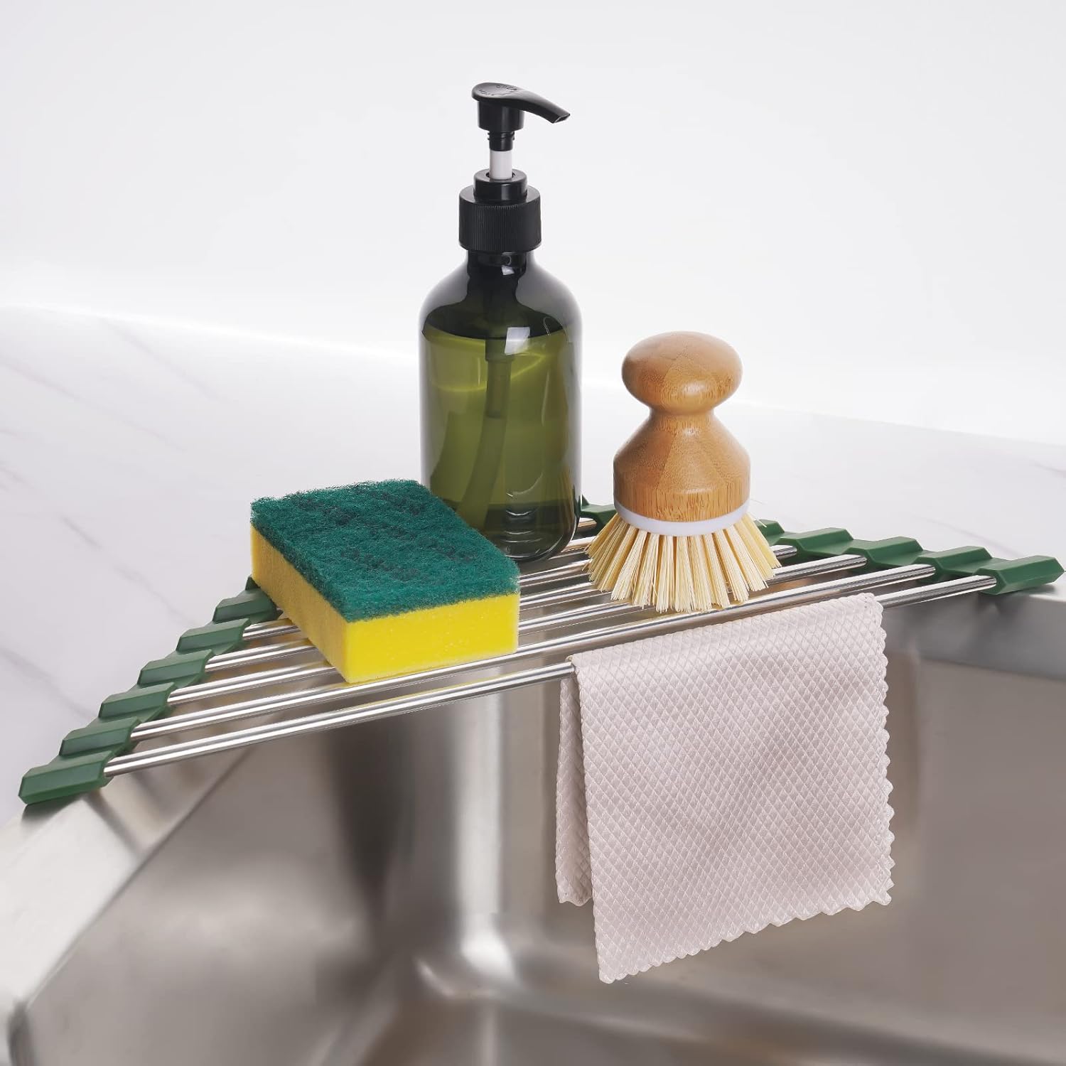 Tomorotec Marble Triangle Roll-Up Dish Drying Rack for Sink Corner - Small, Foldable, Stainless Steel, Multipurpose Kitchen Drainer Caddy, Trivet, Rustproof Organizer, Storage Shelf