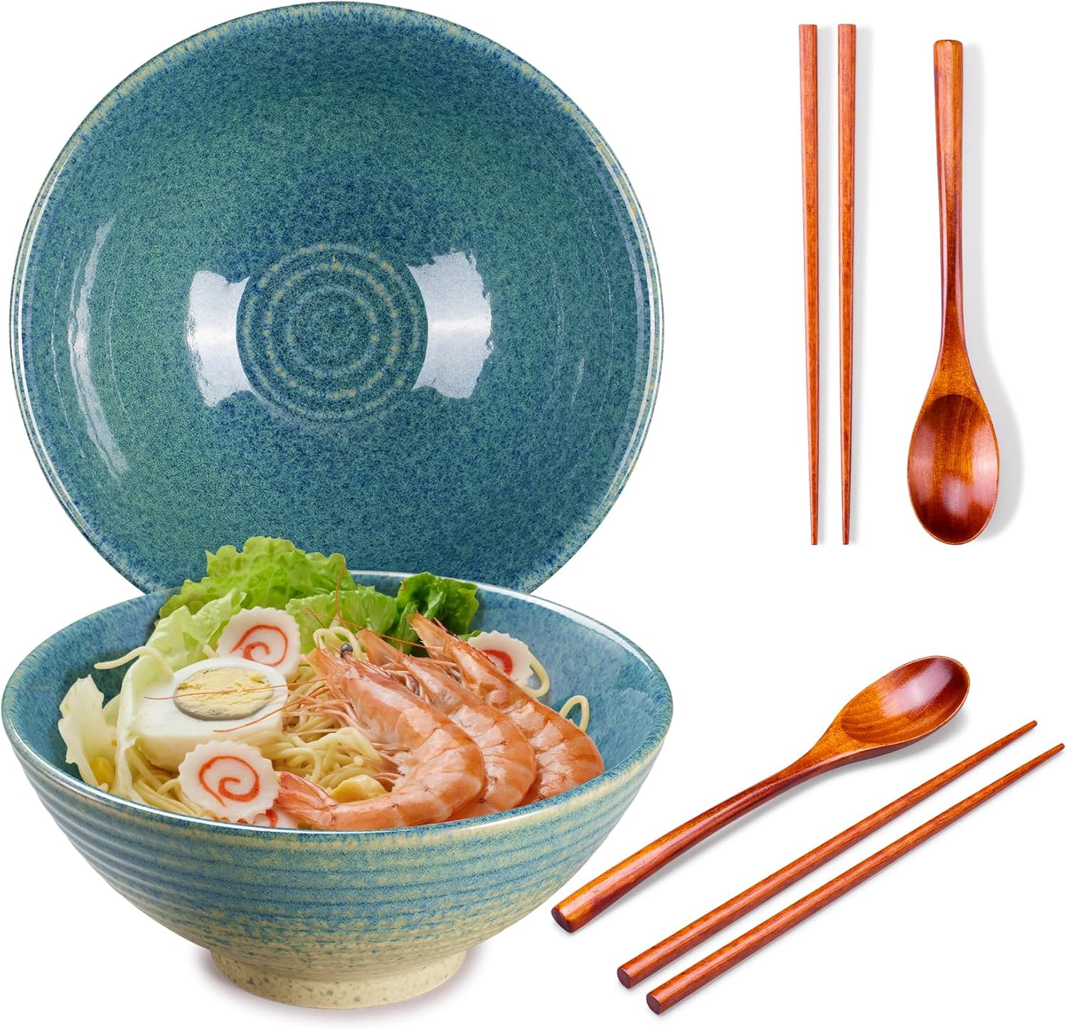 2x Ceramic Ramen Bowls - 40 oz - 20cm - With Spoon and Chopsticks for Ramen Soup Pho Udon Asian Noodles, Large Noodle Bowls (Brown glaze 2 sets)