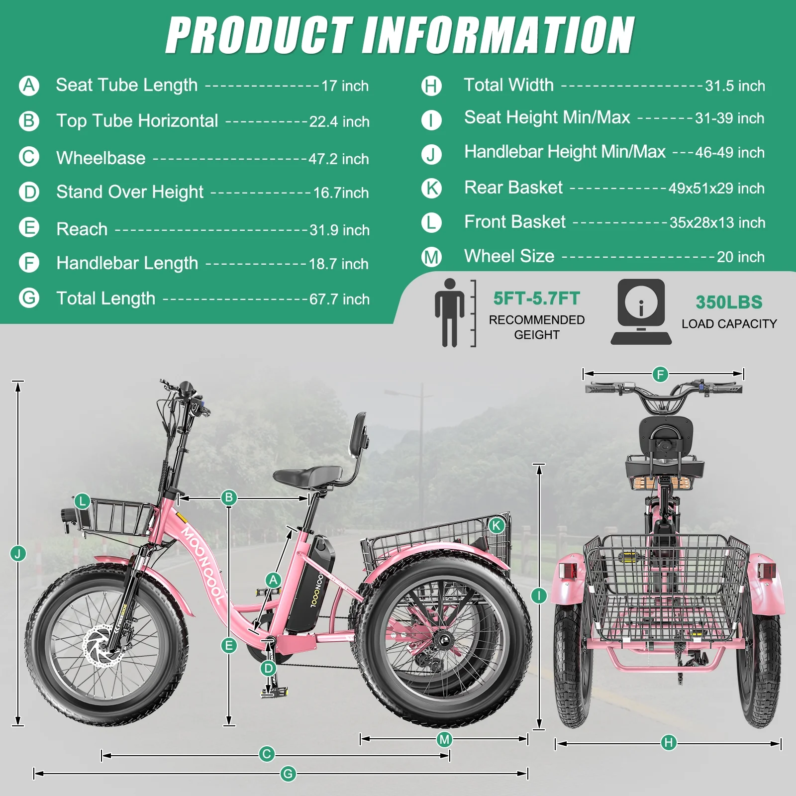 20" x 4" Fat Tire Electric Tricycle for Adult, 7 Speeds Electric Trike 48V 500W Motorized Tricycle , Electric Three Wheels Bicycle for Senior, Aluminum Frame & Rear Basket ,16mph - Image 60