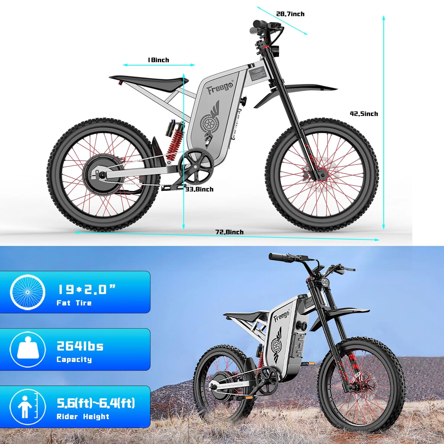 50MPH Electric Dirt Bicycle Freego X2 Pro,6000W(Peak)Motor Electric Motorcycle, Electric Bike for Adults, 60V30AH Battery, 19x2 Tire Full Suspension Hydraulic Brake Half Throttle UL2849 - Image 18