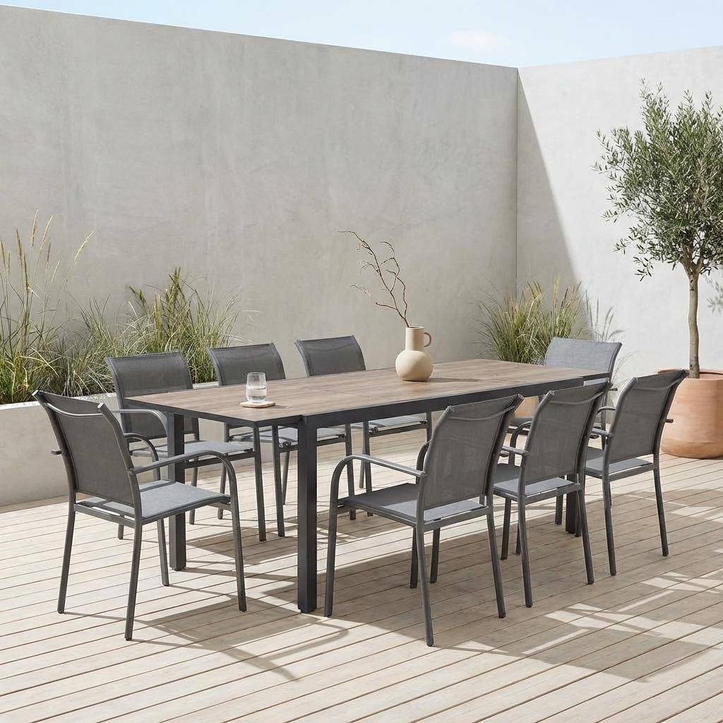 Nashville 240 + Amara - Conjunto mesa de jardín extensible de aluminio efecto madera con 8 sillas