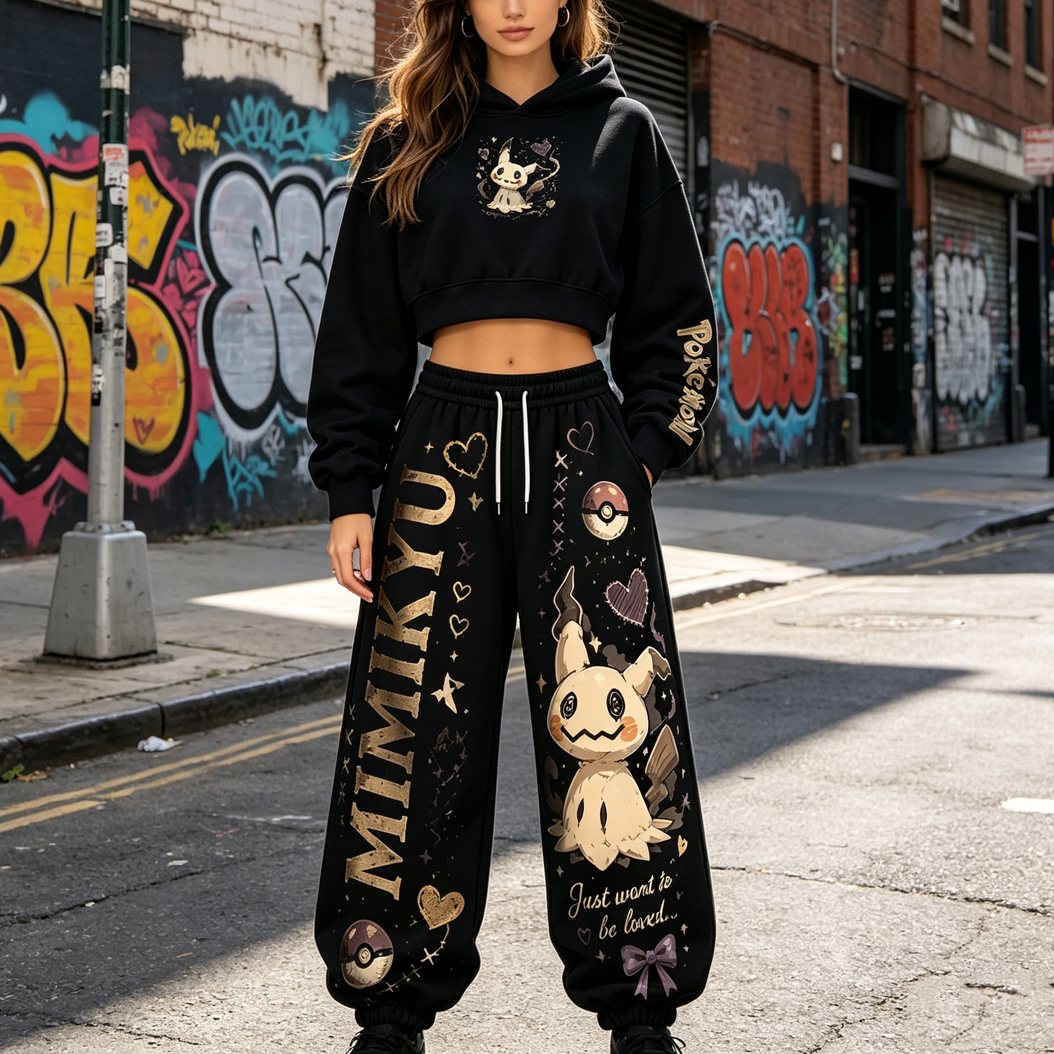 Pokémon Cropped Long Sleeve Hoodie & High Waist Jogger Pants Two Piece TeeThreads Sustain the Scene with Custom Apparel