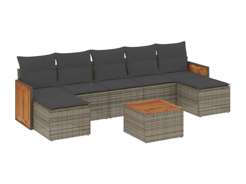 Set de sofás de jardín 8 piezas y cojines ratán sintético gris qpom81619