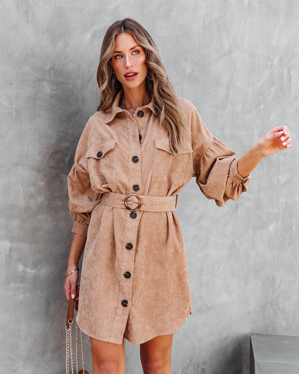 Glimpse Of Autumn Corduroy Belted Mini Dress - Camel - Se7enfashion