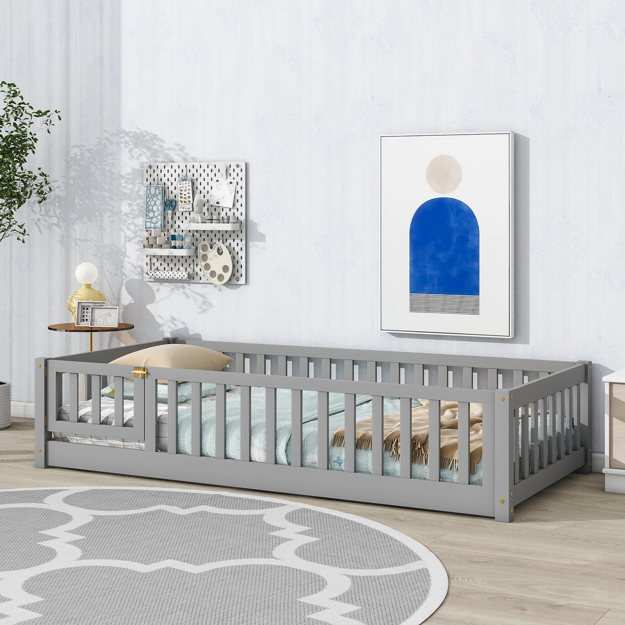 UHOMEPRO Twin Size Floor Bed with Door and Fence, Montessori Floor Bed with Slats and Safety Guardrails, Solid Wood Twin Bed Frame for Bedroom, White - Image 36