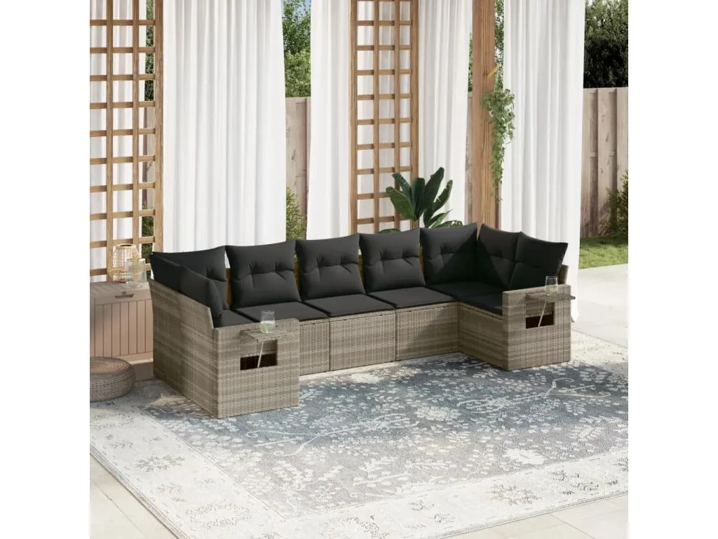 Set de sofás de jardín 7 pzas con cojines ratán PE gris claro