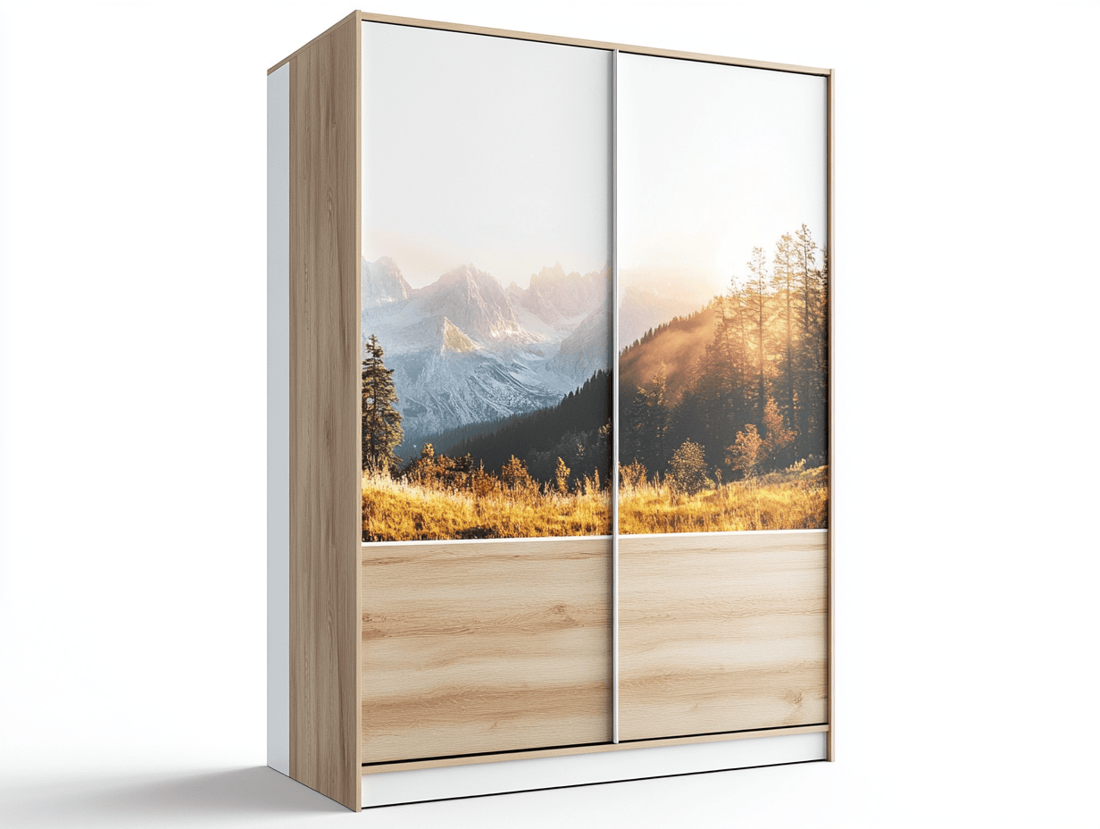Armario con puertas correderas – 180×62×210 cm – blanco y roble claro – con impresión de paisaje montañoso – estilo escandinavo moderno