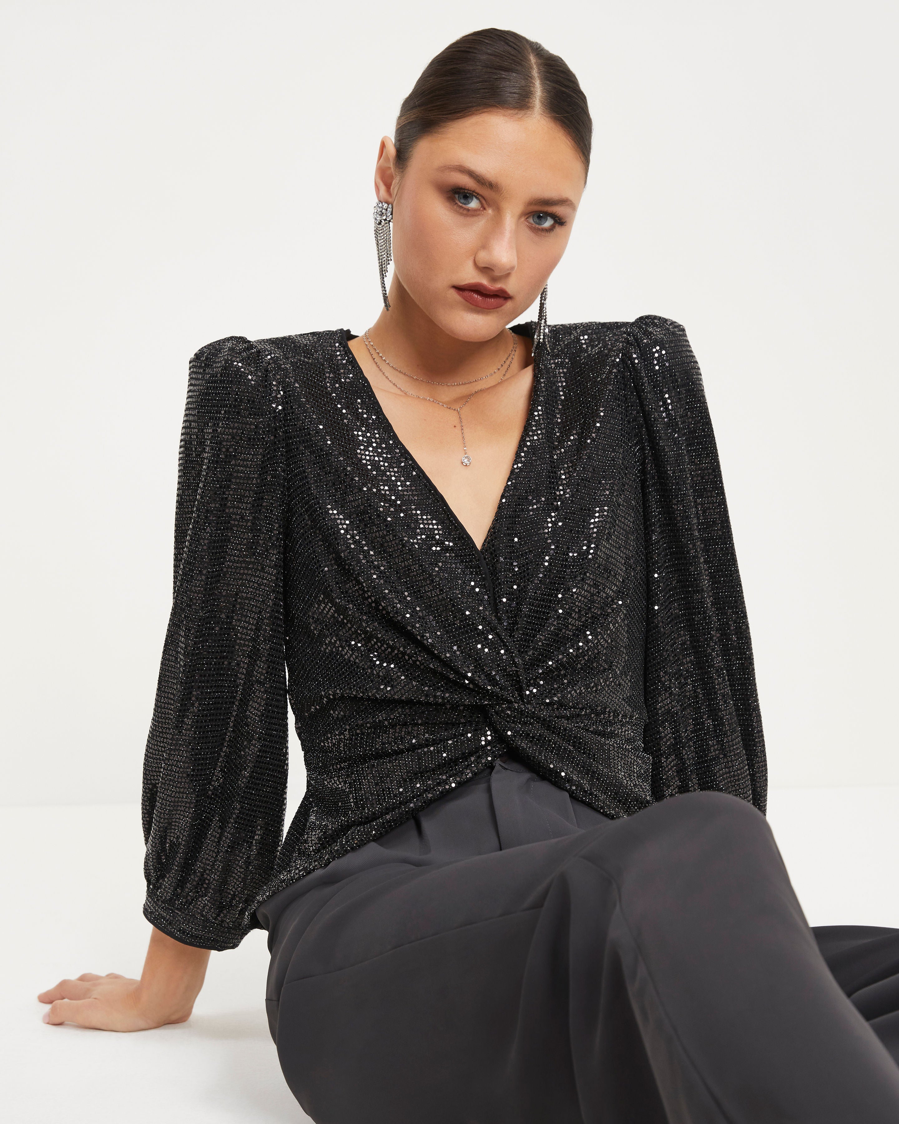 Disco Queen Twisted Front Sequin Top - Black - Se7enfashion