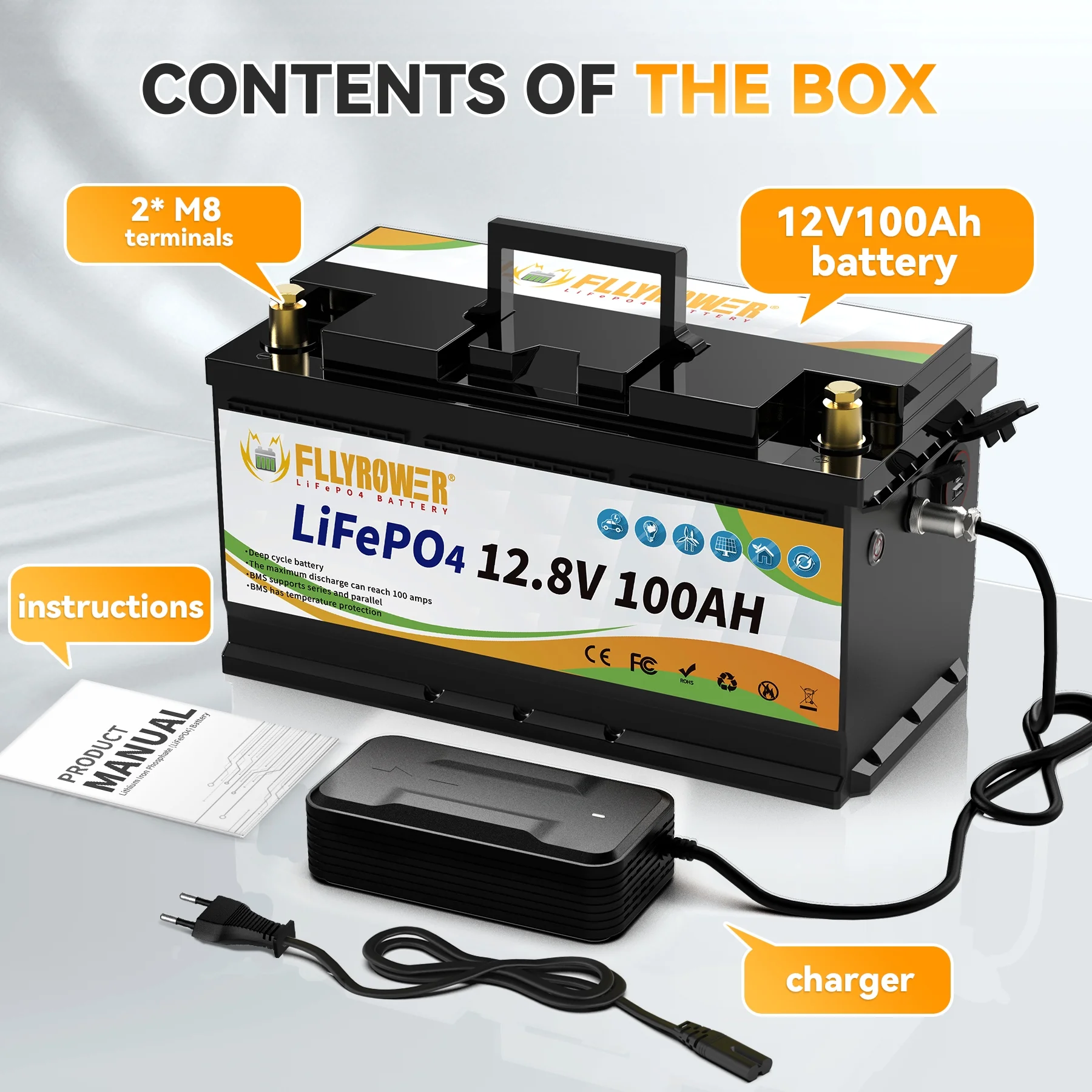 12V 100Ah LiFePO4 Lithium Battery with a Charger,for RV,Marine,Solar,Trolling Motor,Camping,Home Energy Storage,Built in 100A BMS,15000+Deep Cycles - Image 23
