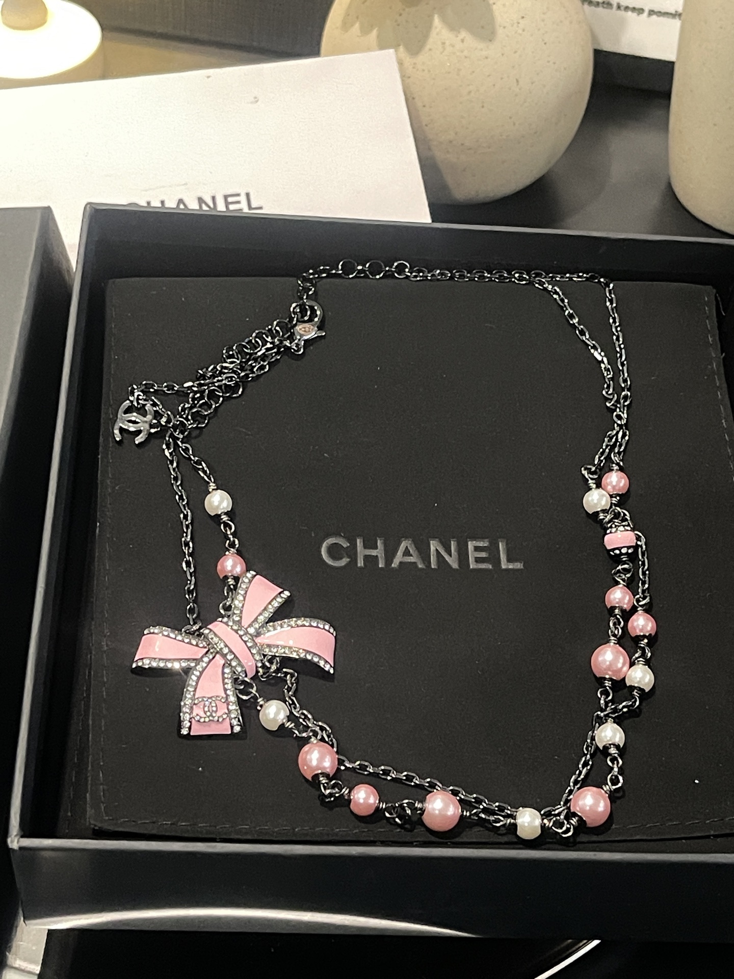 Chanel Two Layers Pink Bow Pearl Necklace - Original Replica Club