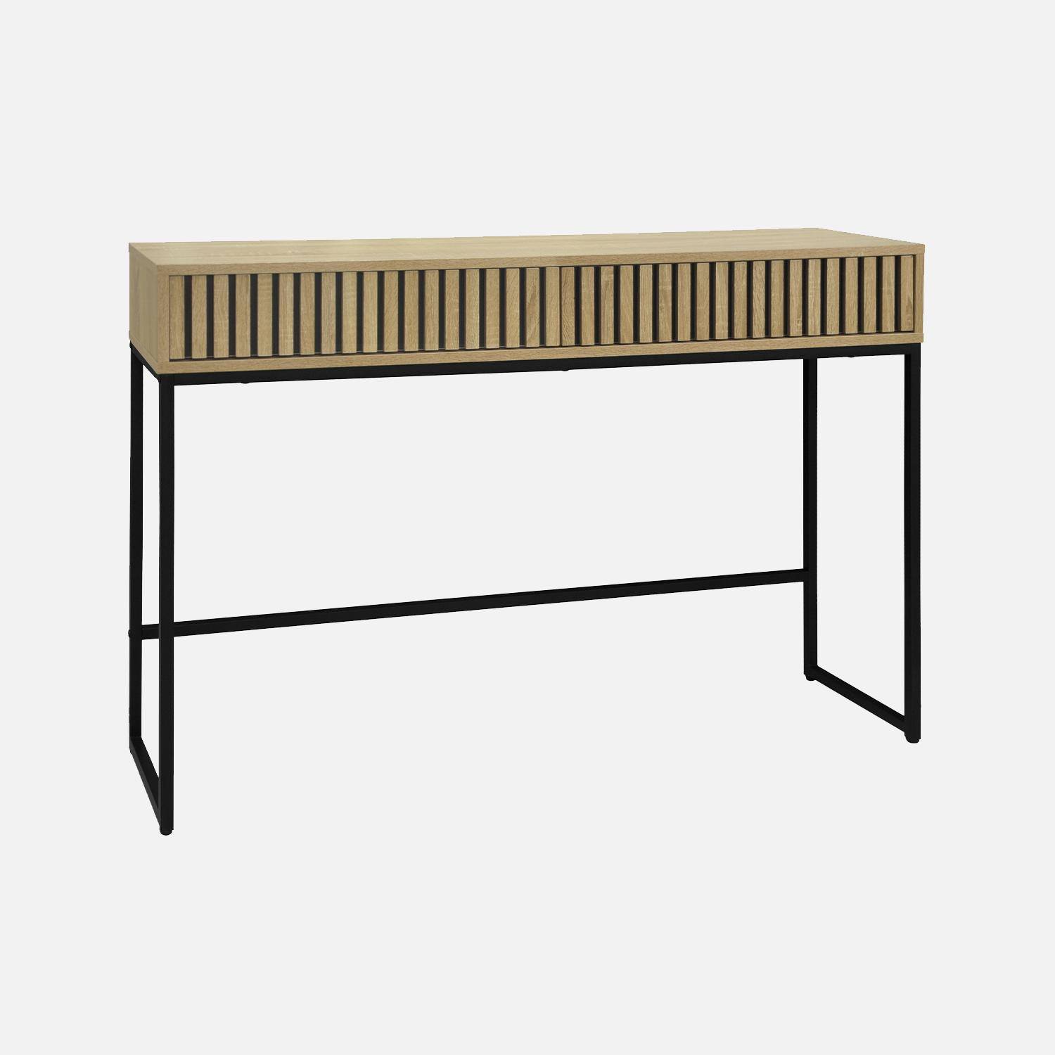 Lisbonne - Consola contemporánea de madera estriada y metal con 2 cajones, 120cm