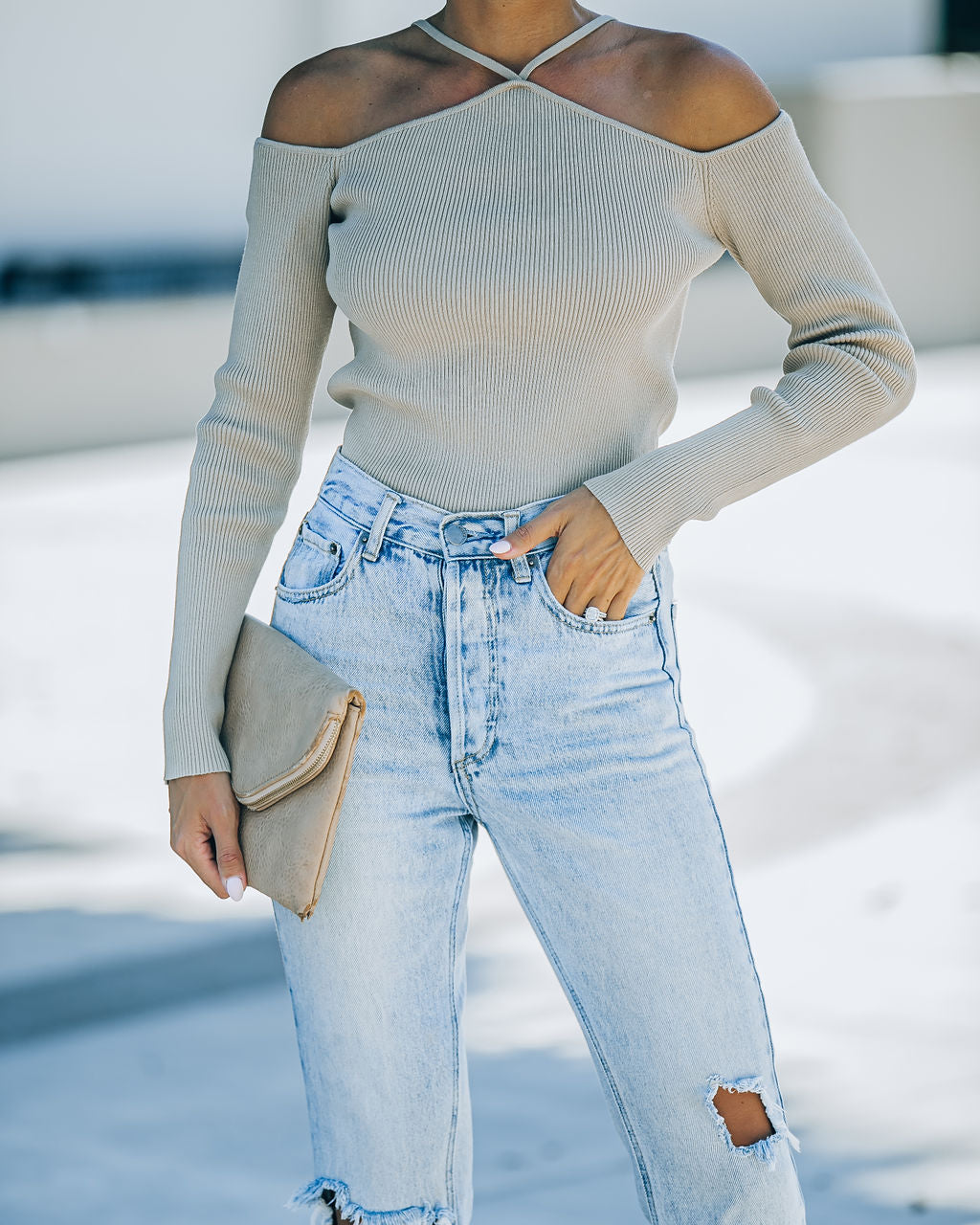 Real Crowd Pleaser Off The Shoulder Ribbed Top - Beige - Se7enfashion