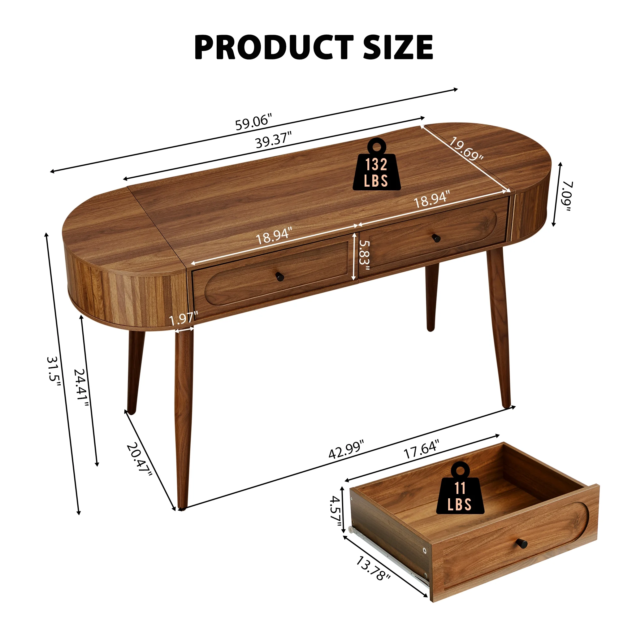 YOCWO Modern Home Office Desk with 2 Drawers and 2 Fflip-top Storage, Oval Computer PC Desk Table, Vanity Desk with Fluted Curved Table Edge, Walnut - Image 8