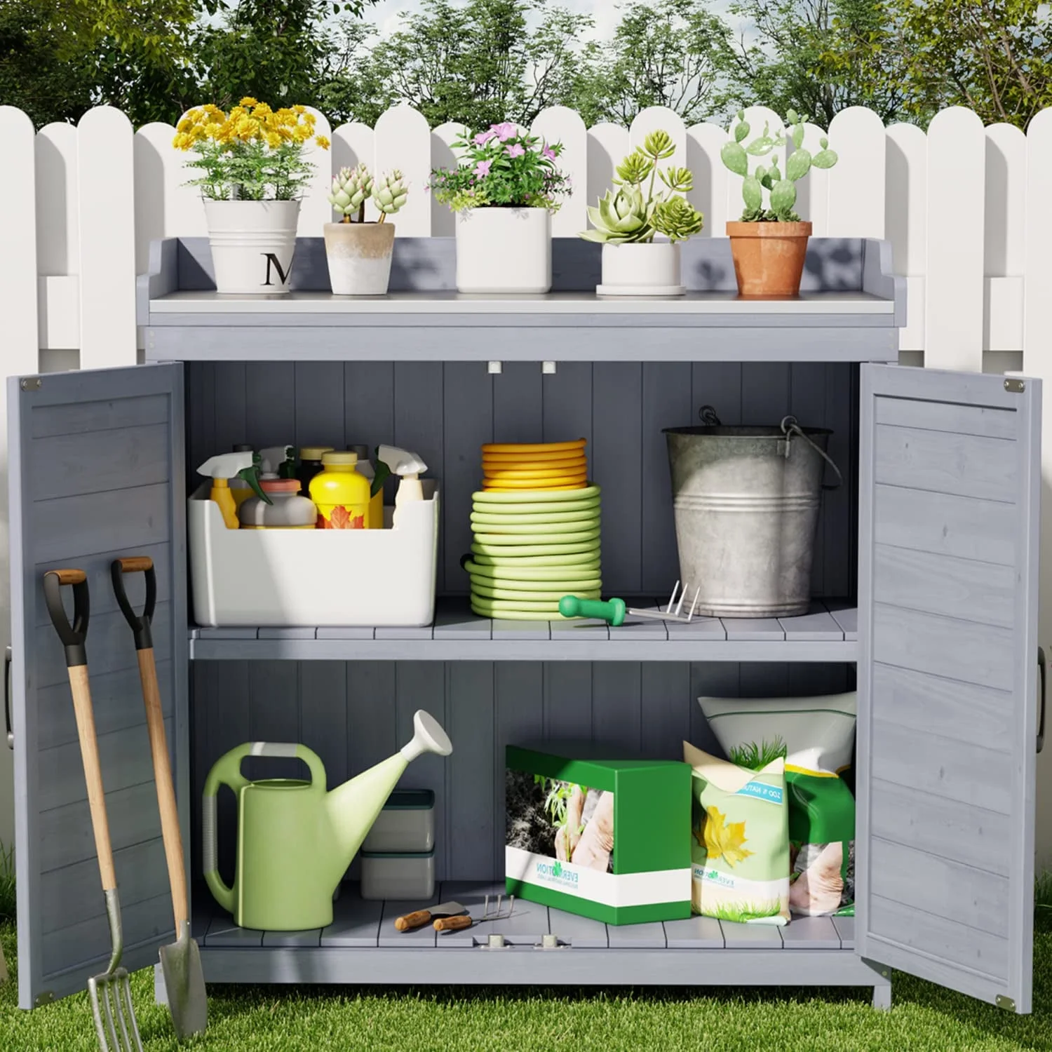 Lofka Outdoor Storage Cabinet, Outdoor Potting Bench Table with Removable Shelves for Yard, Garden, Waterproof Wood - Image 13