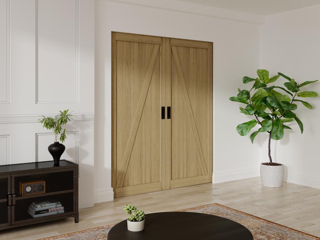 Puerta corredera doble con sistema de empotrado de madera y MDF - Natural claro - 2 x H205 x L63 cm - BALERMA