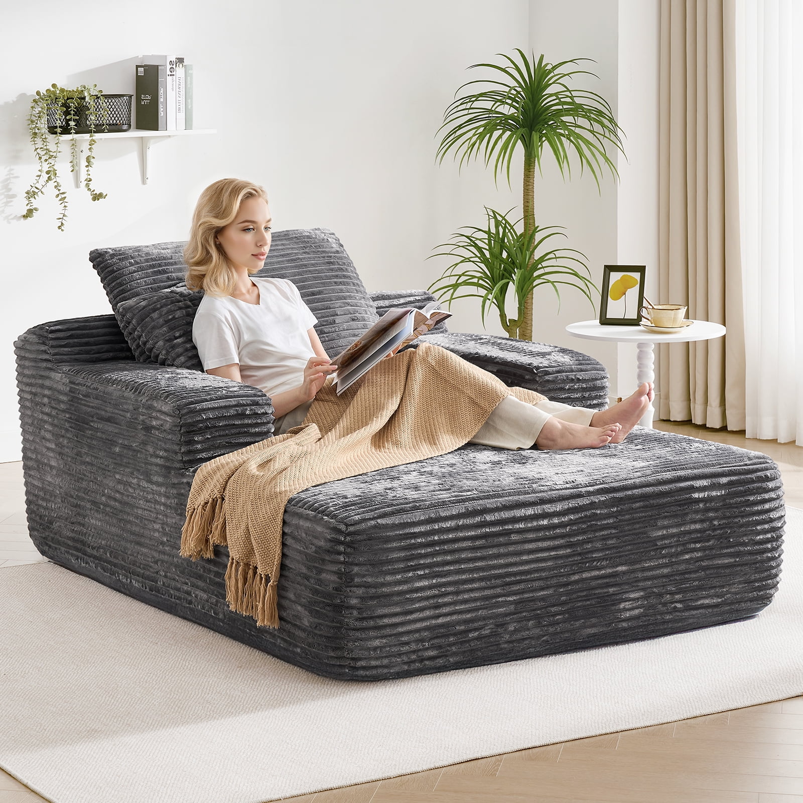 65" Corduroy Cloud Sleeper Chaise Lounge Chair, No Assembly Sofa Bed with Pillows, Beige - Image 17
