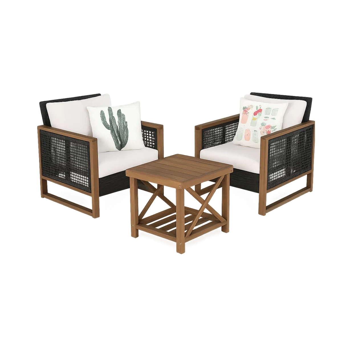Conjunto de jardín para 2 personas, Estructura de ratán y madera, 2 sillones con cojines, 1 mesa baja, Negro y madera natural - bFlKoEa228jb
