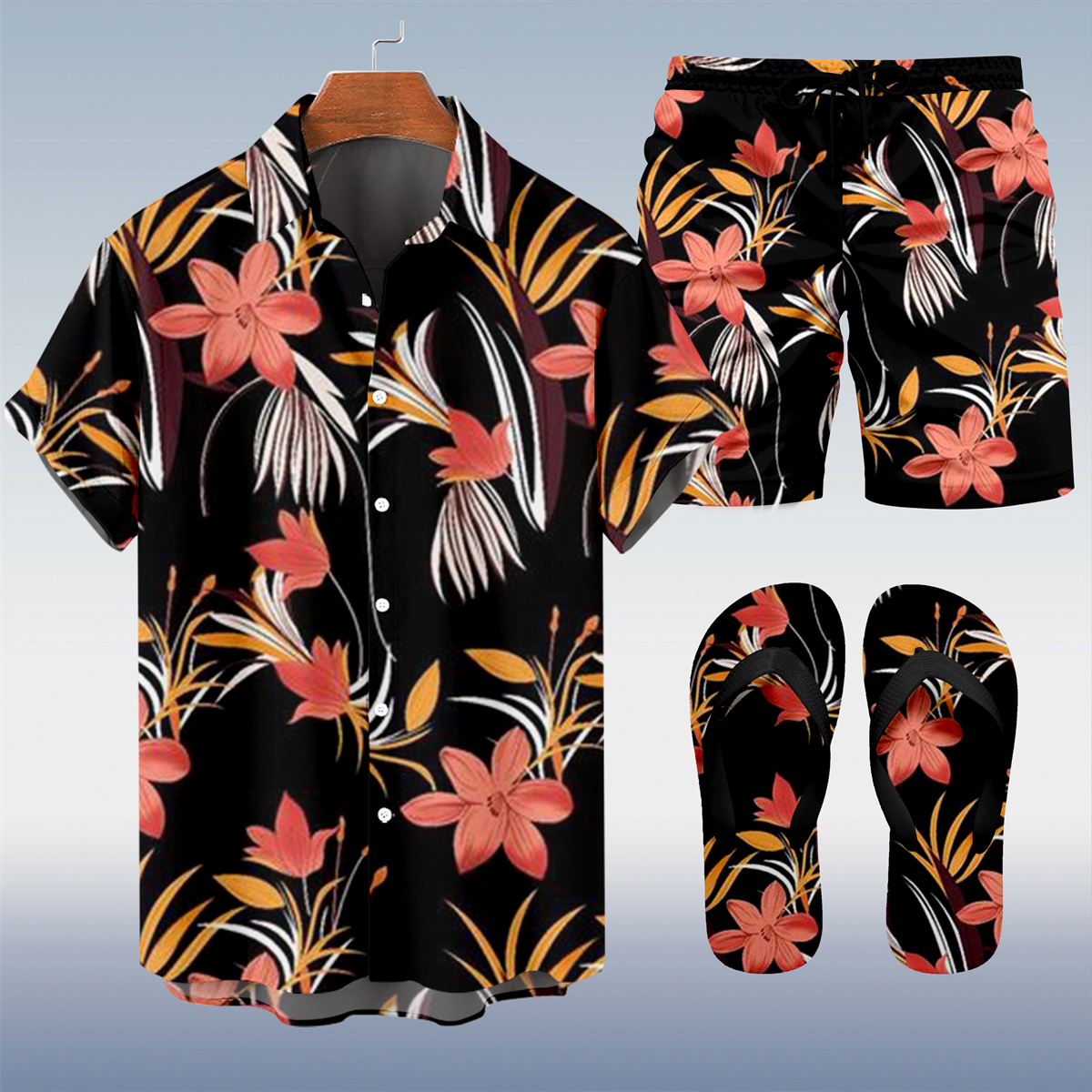 Suitmens Men's Tiki Party Hawaiian Vacation Print Three-Piece Set 014